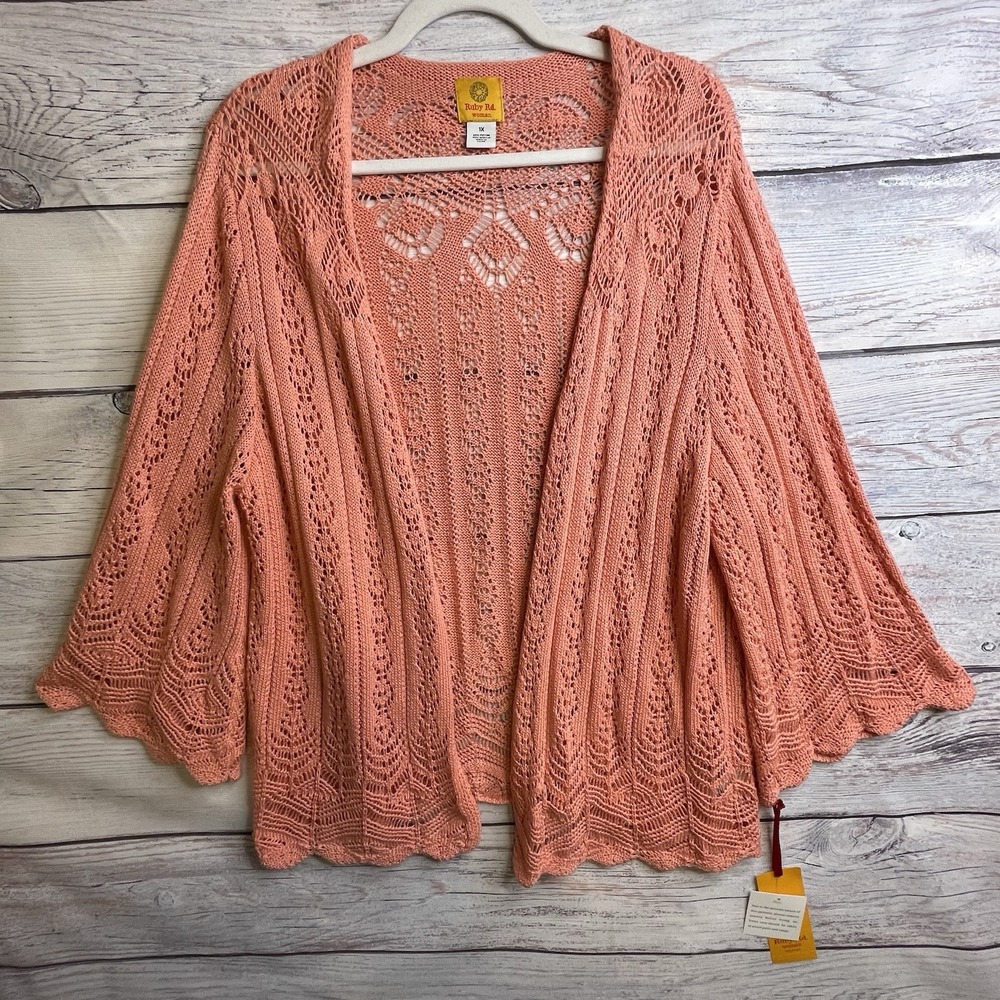 Ruby Rd Crochet Knit Open Cardigan Size 1X Coral  Cottagecore Grannycore NWT's